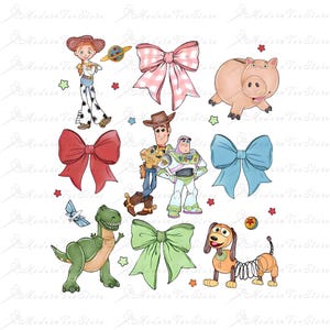 May include: A set of Toy Story themed digital clipart featuring characters such as Woody, Buzz Lightyear, Jessie, Rex, and Slinky Dog. The clipart also includes bows in pink, red, blue, and green.