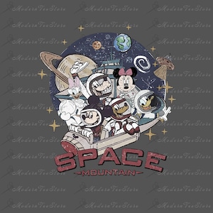 May include: A vintage-style illustration of Mickey Mouse, Minnie Mouse, Donald Duck, Goofy, and Pluto in space suits riding a rocket ship. The text "SPACE MOUNTAIN" is below the rocket ship.