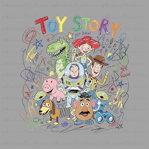 May include: A gray graphic print featuring the colorful Toy Story logo above illustrations of Rex, Jessie, Buzz Lightyear, Woody, Hamm, Slinky Dog, Mr. Potato Head, two Aliens, and Binoculars, all surrounded by multicolored scribbles and the text yee haw.