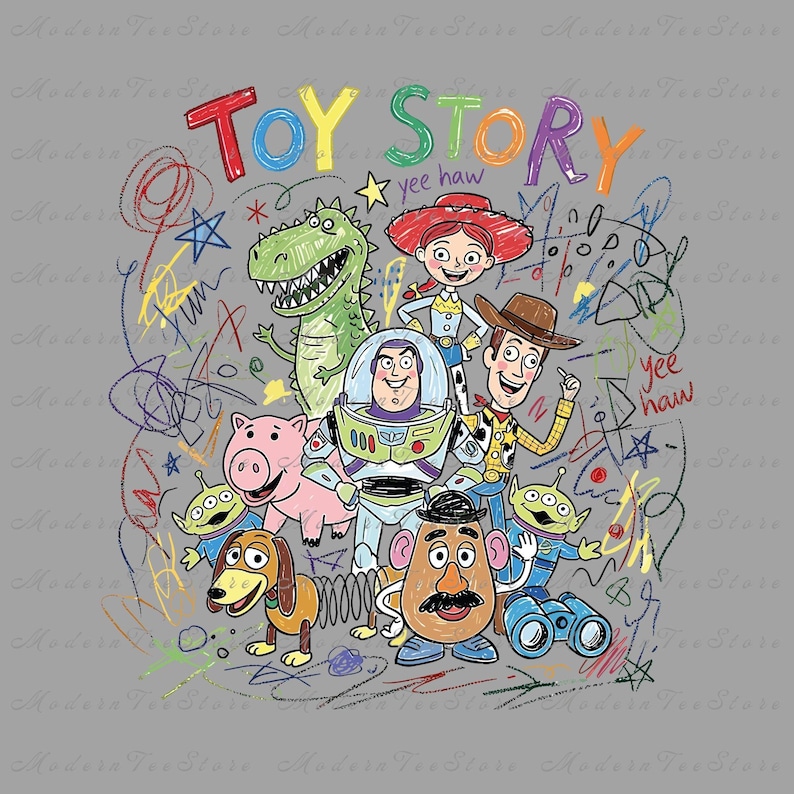 May include: A gray graphic print featuring the colorful Toy Story logo above illustrations of Rex, Jessie, Buzz Lightyear, Woody, Hamm, Slinky Dog, Mr. Potato Head, two Aliens, and Binoculars, all surrounded by multicolored scribbles and the text yee haw.