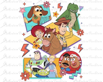 May include: A colorful illustration featuring characters from the Toy Story franchise. The characters include Woody, Buzz Lightyear, Jessie, Bullseye, Rex, Slinky Dog, and Mr. and Mrs. Potato Head. The illustration is set against a white background with colorful geometric shapes and stars.