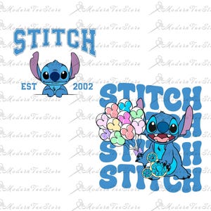 May include: Blue Stitch character holding a bunch of colorful balloons with Mickey Mouse ears. The text "STITCH" is repeated four times in a blue, bubble-like font.