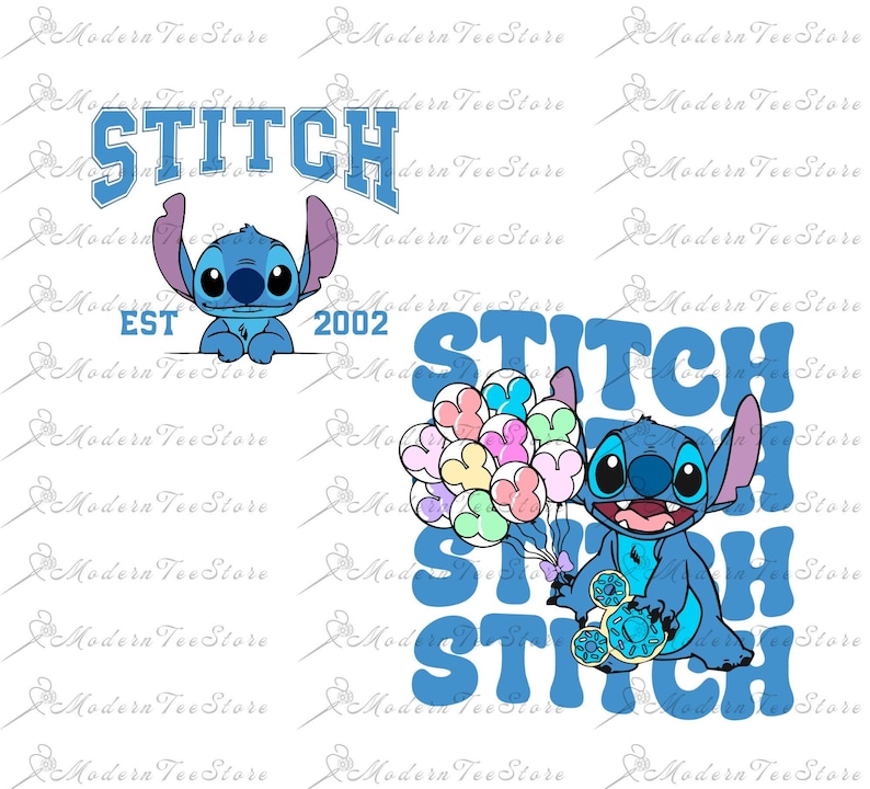 May include: Blue Stitch character holding a bunch of colorful balloons with Mickey Mouse ears. The text "STITCH" is repeated four times in a blue, bubble-like font.