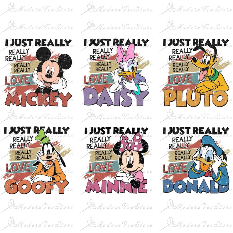 May include: Six colorful illustrations of Disney characters with the text "I Just Really Really Really Really Love" and the character's name. The characters are Mickey Mouse, Daisy Duck, Pluto, Goofy, Minnie Mouse, and Donald Duck.