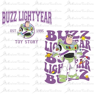 May include: A purple and white graphic design featuring Buzz Lightyear from Toy Story. The design includes the text "Buzz Lightyear" and "Toy Story" with the year "1995".