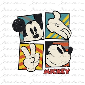 Puede incluir: Una ilustraci&oacute;n de estilo vintage de Mickey Mouse en cuatro poses diferentes. El fondo es un mosaico colorido de rayas amarillas, rojas y azules. La palabra "MICKEY" est&aacute; impresa en rojo en la parte inferior de la imagen.