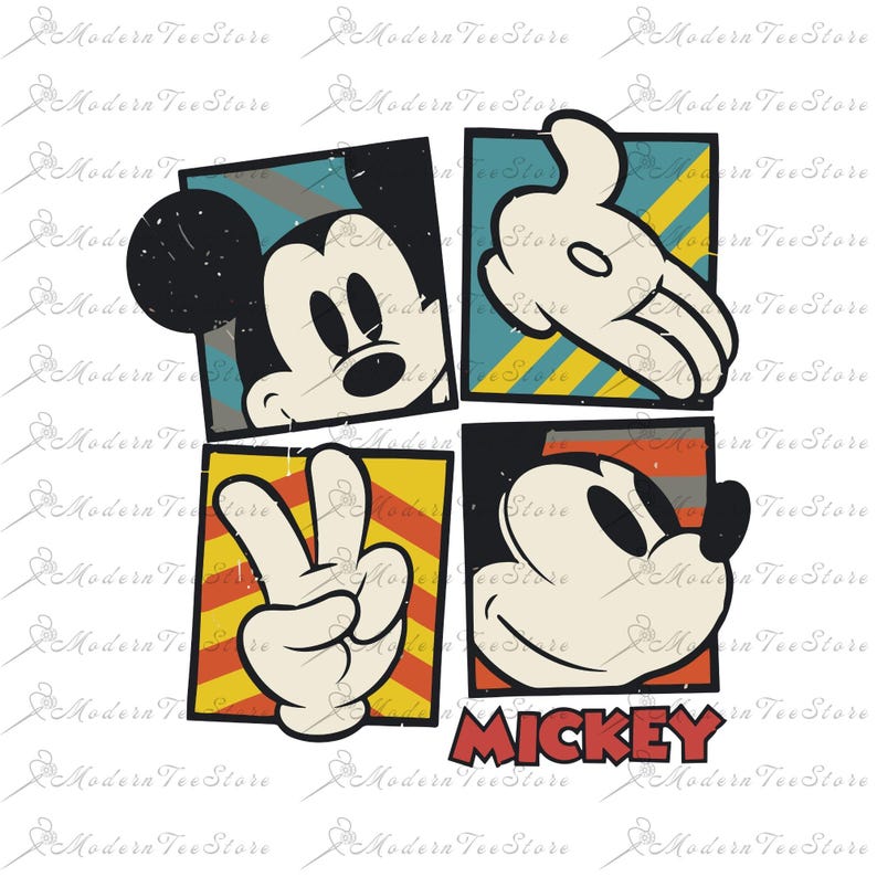 Puede incluir: Una ilustraci&oacute;n de estilo vintage de Mickey Mouse en cuatro poses diferentes. El fondo es un mosaico colorido de rayas amarillas, rojas y azules. La palabra "MICKEY" est&aacute; impresa en rojo en la parte inferior de la imagen.