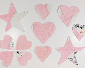 9 Vintage PINK Cutter Quilt Hearts + 2 Stars to Repurpose ~ Hand Cut Pieces from 1930s Quilts for Kids Crafts Pillows +