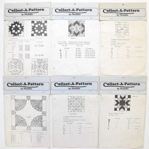 May include: Six white paper quilting pattern sheets titled Collect-A-Pattern by Nicolette. Each sheet features black ink line drawings of geometric quilt block designs, diagrams, and tables listing fabric requirements in yards for various block sizes.