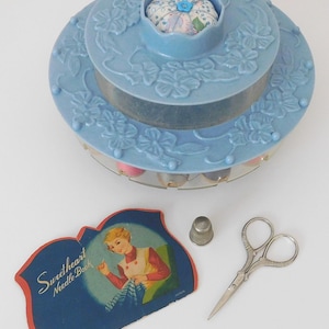 Vintage Blue Carousel Lazy Susan Sewing Box Thread Holder ~ 2 Tier Plastic w/ Handmade Pincushion Scissors Thread Thimble & Needle Card