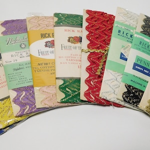 Lot of 9 Vintage Metallic Rick Rack Trim NIP ~ 2-3 Yds Each Nufashond Fruit of the Loom Penney&#39;s Cards Scrapbooking Junk Journals Collage