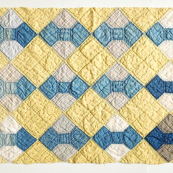Vintage Bow Tie Table Runner Size Cutter Quilt Piece ~ Early 1900s 22" x 46" Blue Yellow