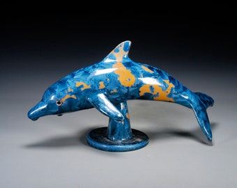 Porcelain Dolphin on a Stand - Crystalline Glaze on High-Fired Porcelain - Hand Made Pottery - FREE SHIPPING -- DO-101