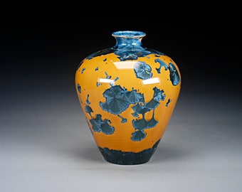 Ceramic Vase - Blue and Gold  - Crystalline Glaze on High-Fired Porcelain - Hand Made Pottery - FREE SHIPPING - #B-6030