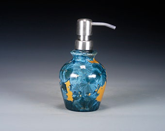 Porcelain Lotion Bottle / Soap Dispenser - Blue and Gold - Crystalline Glaze - Hand Made Ceramics - FREE SHIPPING - #LB-1212