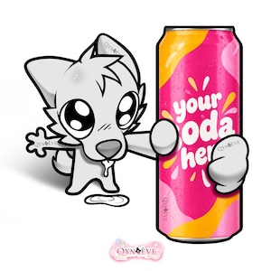 Op de afbeelding: Een digitale illustratie van een wit cartoon-dierfiguur met grote ogen en een klein plasje vloeistof eronder, die een hoge frisdrankblikje vasthoudt met een roze en oranje verloopontwerp met de tekst your soda here in witte letters.