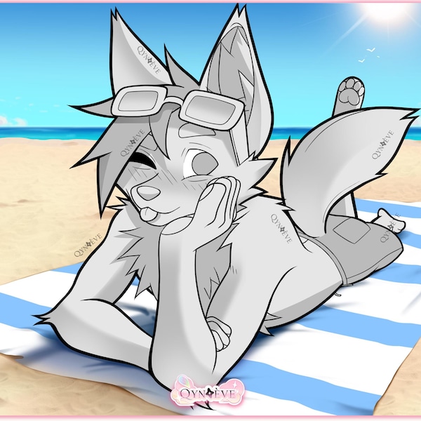 P2U-Vorlage – männlicher und weiblicher Fennek am Sommerstrand ||| YCH-Illustration, Anthro-Kunst, Gottfuchs, Erwachsene, Ausmalen, Procreate