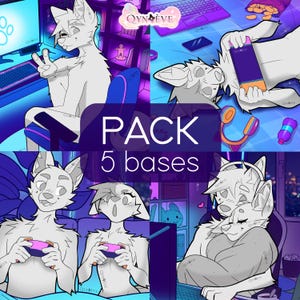 Op de afbeelding: Een digitaal kunstpakket met vijf verschillende illustraties van antropomorfe wolfkarakters in diverse interieurs. De scènes tonen karakters die computers gebruiken, gamecontrollers vasthouden en ontspannen, voorzien van de tekst PACK 5 bases.