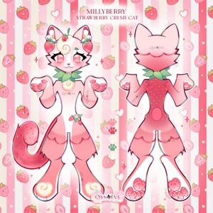 May include: A digital character reference sheet titled Millyberry Strawberry Creme Cat, featuring a pink and white feline creature with strawberry motifs, green leaf collar, and paw pads, shown from both front and back views against a striped background.