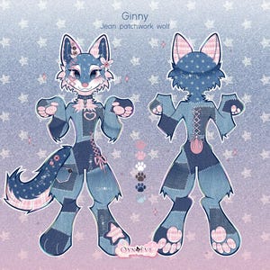 Puede incluir: Una hoja de referencia de personaje titulada Ginny Jean patchwork wolf, que muestra vistas frontal y trasera de un lobo con textura de mezclilla azul, detalles a cuadros rosas, costuras, un motivo de corazón, cordones de corsé y muestras de color.
