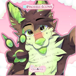 May include: A digital illustration of a furry character with brown and green fur, giving a peace sign. The character has large green eyes and a green nose. The words "PROFILE ICONS" are at the top. The artist's name, "QYNÈVE", is visible.