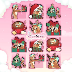 Peut inclure: Ensemble d'autocollants de Noël avec un personnage de chien de dessin animé. Les autocollants montrent le chien avec un bonnet de Père Noël, dans une boîte cadeau et en sapin de Noël. Fond rose avec des effets scintillants.