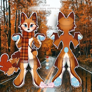 May include: A digital character reference sheet titled Mona Autumn leaves sparkling wolf, featuring a front and back view of an anthropomorphic wolf with brown fur, a plaid scarf, an acorn bag, and a tail adorned with orange and brown oak leaves.