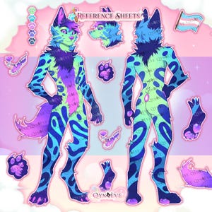 Peut inclure: Une fiche de référence colorée présentant un personnage de loup anthropomorphe stylisé. Le design présente un code couleur bleu, vert et violet avec un motif tacheté. Des éléments supplémentaires incluent des empreintes de pattes, une bouche édentée et un drapeau de la fierté trans.