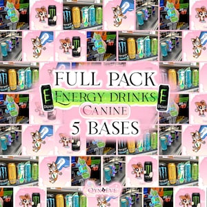 Peut inclure: Un collage de diverses canettes de boissons énergisantes, dont Monster, disposées sur des étagères. L'image présente le texte "FULL PACK ENERGY DRINKS CANINE 5 BASES" dans un design rose et vert, avec des illustrations de chiens de dessin animé.