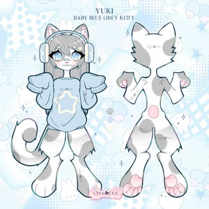 May include: A character reference sheet for Yuki, a baby blue and grey kitty. The illustration shows a front view with a blue sweater featuring a star, headphones, and a back view displaying grey spots, a pink tail base, and paw pads.