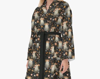 Halloween dressing gown with ghost pattern – unisex bathrobe / robe for women and men – throw, sauna & homewear gift idea