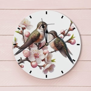 Wooden clock with hummingbird, wooden wall clock, bird - cherry blossom design, silent clock for living room, kitchen clock, children&#39;s room, girls wall clock
