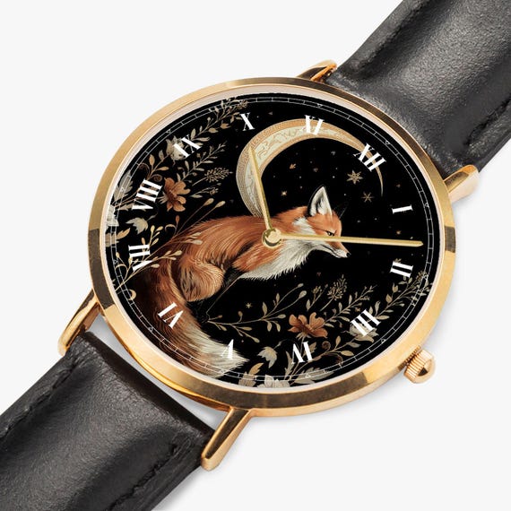 Fuchs Uhr mit Mond – Mystische Damen Armbanduhr im Boho Naturstil