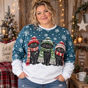 Weihnachtspullover Katze Damen – Lustiger Katzen Christmas Sweater, Ugly Christmas Pullover mit 3 Katzen, Weihnachtsgeschenk