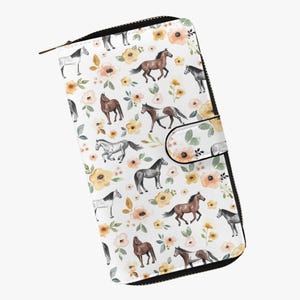 Carteira feminina grande, carteira floral de cavalo com muitos compartimentos, carteira floral com design de cavalo para meninas e amantes de cavalos