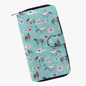 Cartera con motivo de caballo, cartera de mujer turquesa, cartera para los amantes de los caballos, cartera con diseño de caballo, cartera con estampado de caballo