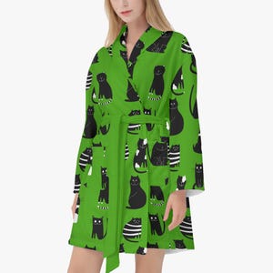 Kattenbadjas voor dames en heren – Grappige kamerjas met kat in cartoondesign – Groene kamerjas met dierenmotief – Loungejas voor thuis
