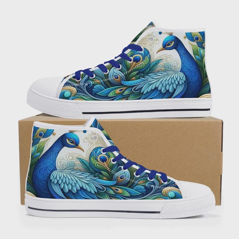 Peacock Feather Pattern Print Black Sneaker Shoes For Men Women