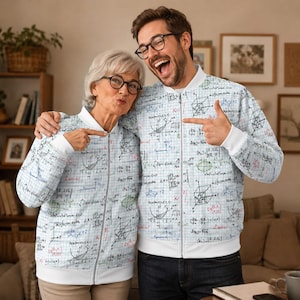 May include: Two people wearing matching white and blue bomber jackets covered in mathematical equations and diagrams. The jackets have a grid pattern and white cuffs and trim. The equations are written in black, red, and green ink.