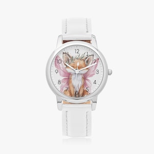 Fox wristwatch for women and children – leather strap, animal motif watch for girls, gift idea for schoolchildren, analogue watch with numbers, white leather watch