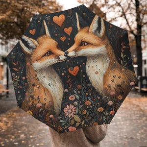 Fox umbrella with heart motif – Romantic children&#39;s umbrella for girls & women, forest animal umbrella with flowers, foldable umbrella gift idea