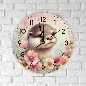 Cute animal motif children&#39;s wooden clock – Round wall clock with otter and flowers for girls&#39; rooms | Silent clock for children&#39;s rooms and decorations