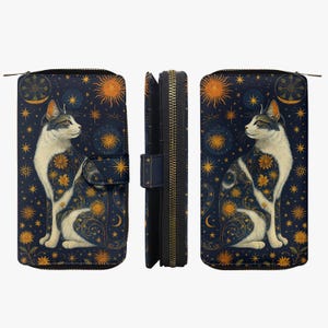 Cartera de gato místico con diseño de cielo estrellado y sol y luna, monedero gótico celestial, cartera bohemia de bruja, amante de los gatos