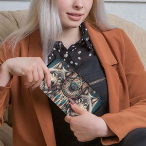 Grand portefeuille pour femme, motif attrape-rêves loup, portefeuille en similicuir, portefeuille mystique pour femme, sac pour femme à motif loup, amoureux des loups