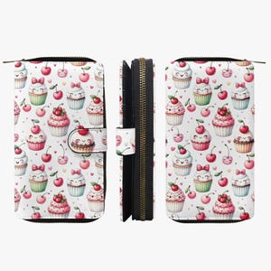 Cartera grande de mujer - cartera retro rockabilly con muchos compartimentos - cartera con diseño de cerezas, tartas y muffins para niña