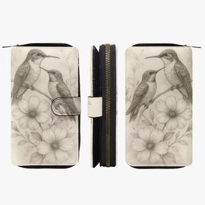 Carteira com zíper Hummingbird para mulheres – Bolsa vintage em formato de pássaro com ilustração floral – Presente romântico para amantes da natureza