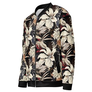 May include: A black bomber jacket with a floral print featuring white, red, and brown flowers. The jacket has a zipper closure and ribbed cuffs and hem.