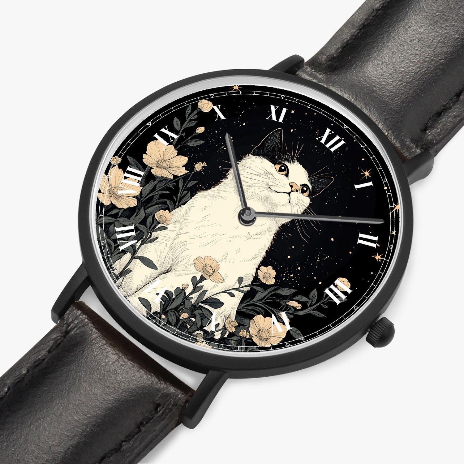 Cat Watch Women – Black Watch With Cat and Flower Motif  display picture 3