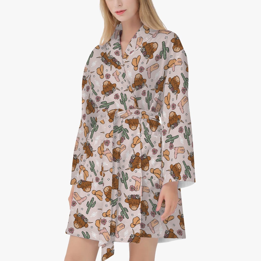 Cozy Ladies' Bathrobe With Highland Cow Design | Cow Pattern Robe for ...