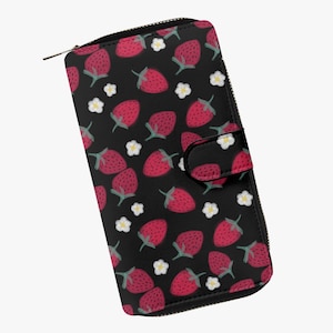 Cartera de mujer-niña en color negro con diseño de fresas | Cartera de frutas con muchos compartimentos | Cartera con cremallera Fresas